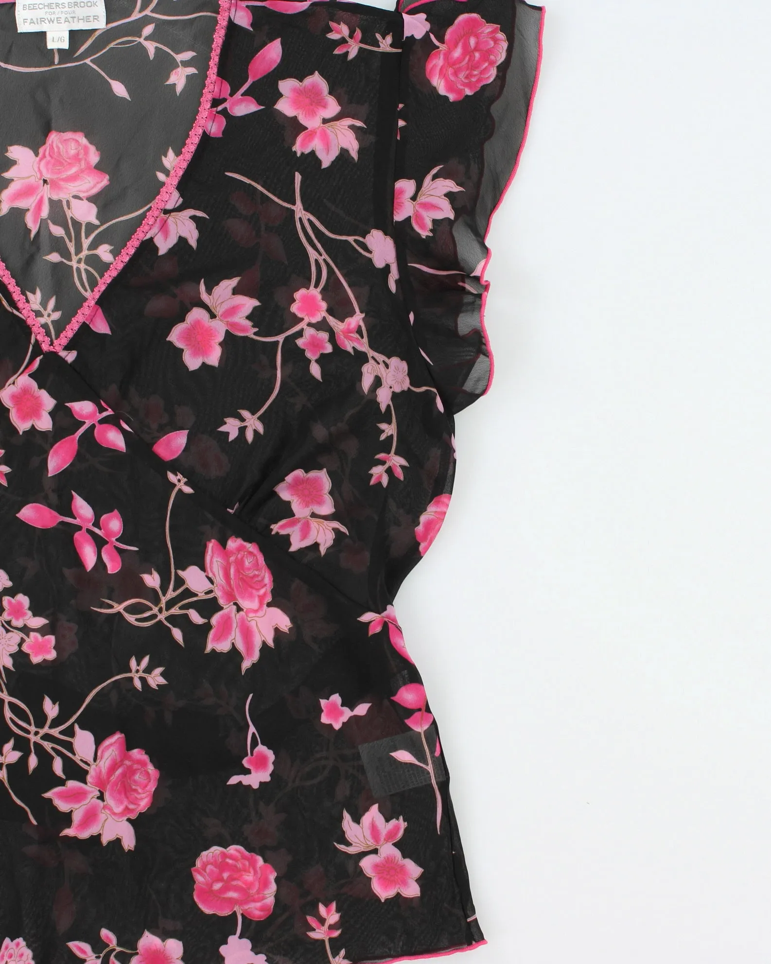 Vintage 1990s Beechers Brook For Fairweather Floral Mesh Ruffle Cap Sleeve Top - L sold by Rokit product image thumbnail 3