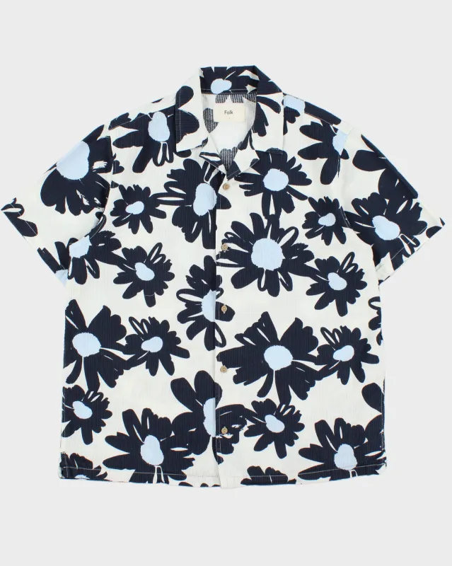 Folk Floral Striped Seersucker Short Sleeve Cuban Collar Shirt - L made by Rokit
