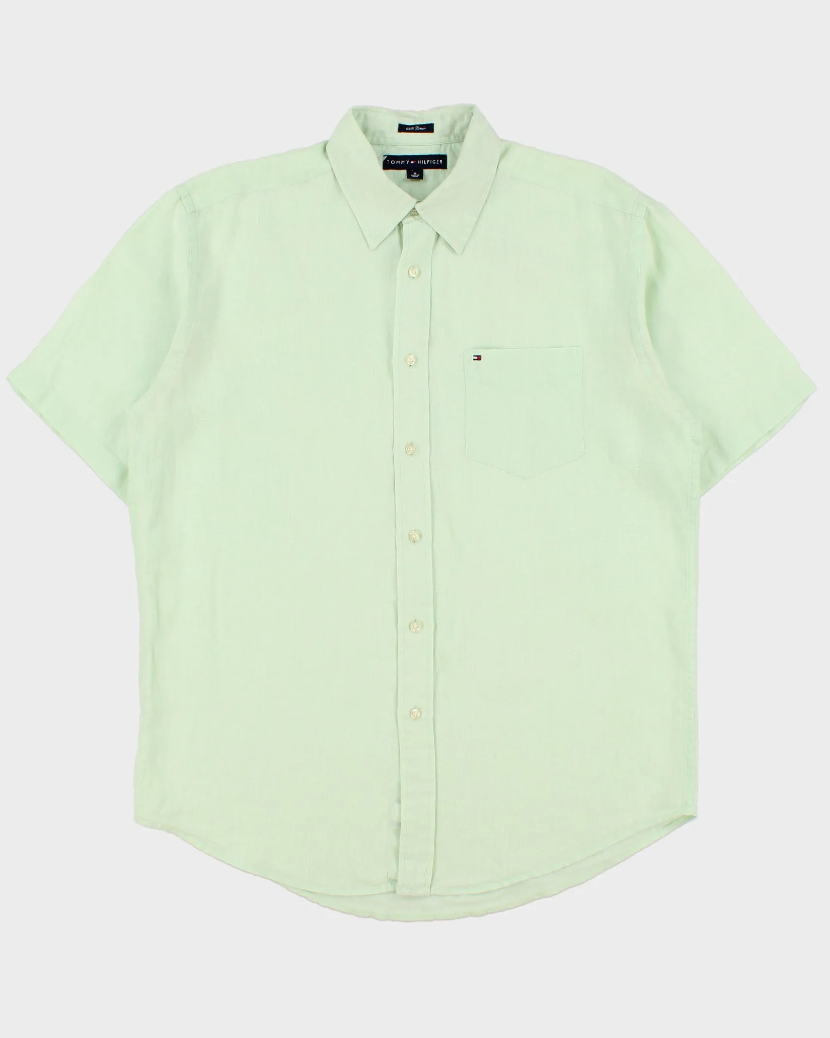 Vintage Tommy Hilfiger Mint Green Ocean Washed Linen Relaxed Fit Short Sleeve Shirt - M sold by Rokit
