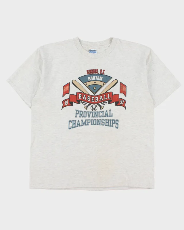 Vintage 1997 Gibsons, Bantam Baseball Championships Grey Marl Heavyweight Gildan Crewneck T-Shirt - XL made by Rokit