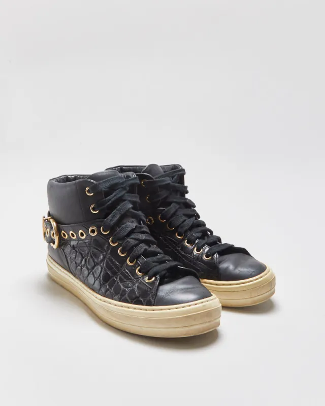 Vintage Salvatore Ferragamo Women's Black Alligator Embossed Leather Mid-Top Buckle Trainers - UK4.5 made by Salvatore Ferragamo