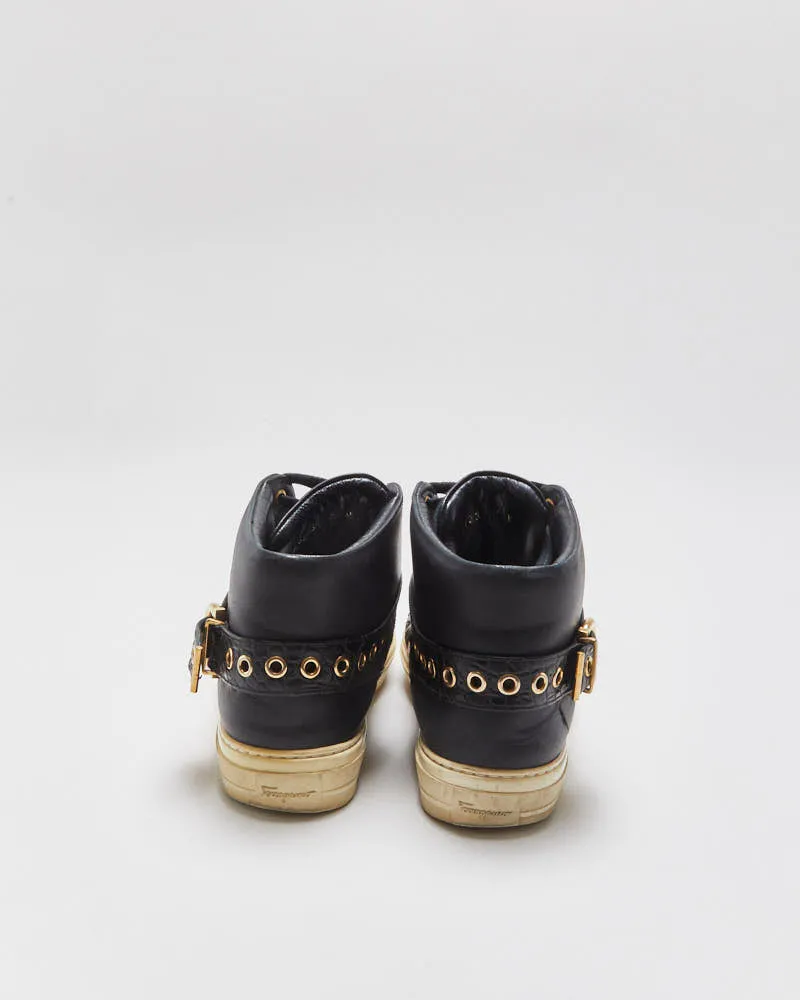 Vintage Salvatore Ferragamo Women's Black Alligator Embossed Leather Mid-Top Buckle Trainers - UK4.5 sold by Rokit product image thumbnail 4