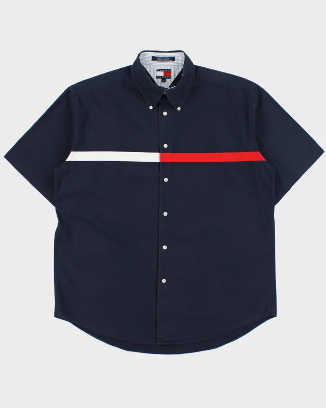 Vintage 1990s Tommy Hilfiger Navy Classic Strip Logo Relaxed Fit Short Sleeve Shirt - L made by Tommy Hilfiger