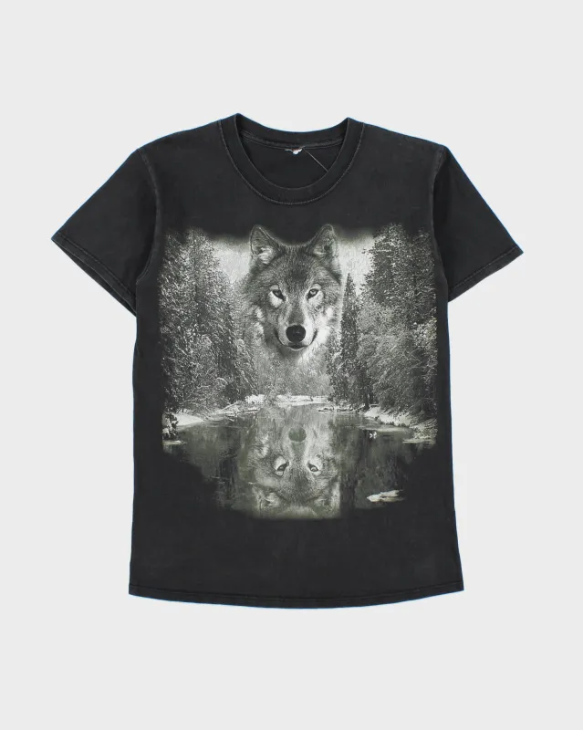 Vintage Y2K 00s Reflection Wolf Heavyweight Faded Black Crewneck T-Shirt - S made by Rokit