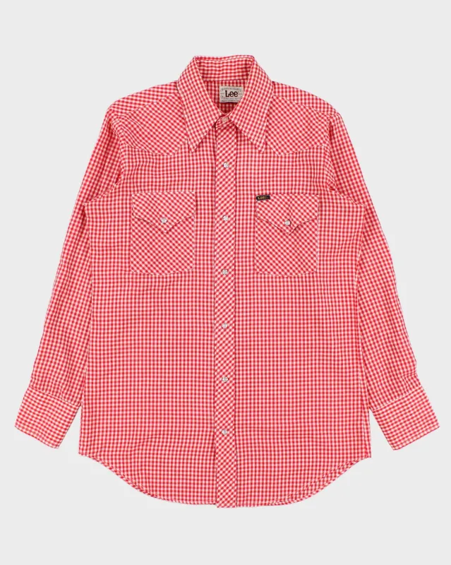 Vintage 1970s Lee Gingham Pearl Snap Button Extra Long Tails Made In Canada Long Sleeve Western Shirt - L made by Lee