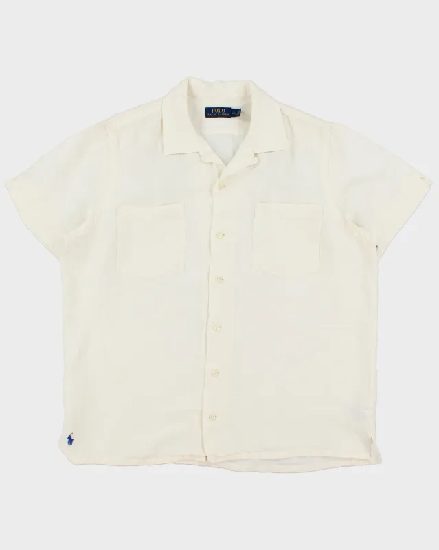 Vintage Polo Ralph Lauren Cream Ocean Wash Linen Relaxed Fit Short Sleeve Cuban Collar Shirt - L made by Ralph Lauren