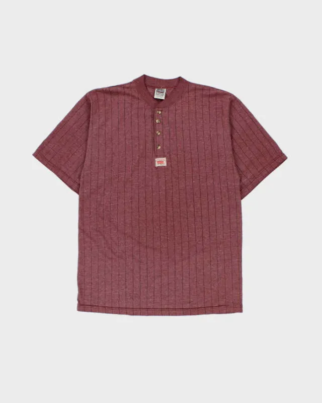 Vintage 1990s Levi's Marl Maroon Heavyweight Striped Made In USA Short Sleeve Henley T-Shirt - L made by Levi's