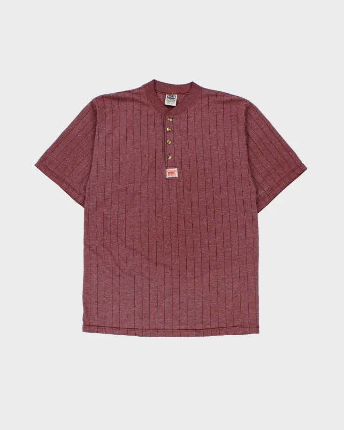 Vintage 1990s Levi's Marl Maroon Heavyweight Striped Made In USA Short Sleeve Henley T-Shirt - L sold by Rokit