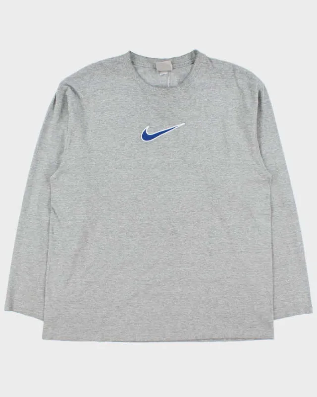 Vintage Y2K 00s Nike Marl Grey Embroidered Centre Swoosh Silver Tag Made In Canada Long Sleeve Crewneck T-Shirt - L made by Nike