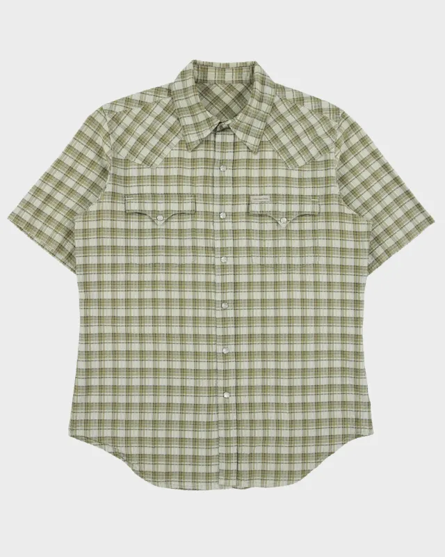 Vintage Y2K 00s Calvin Klein Jeans Plaid Pearl Snap Button Seersucker Short Sleeve Western Shirt - L made by Calvin Klein
