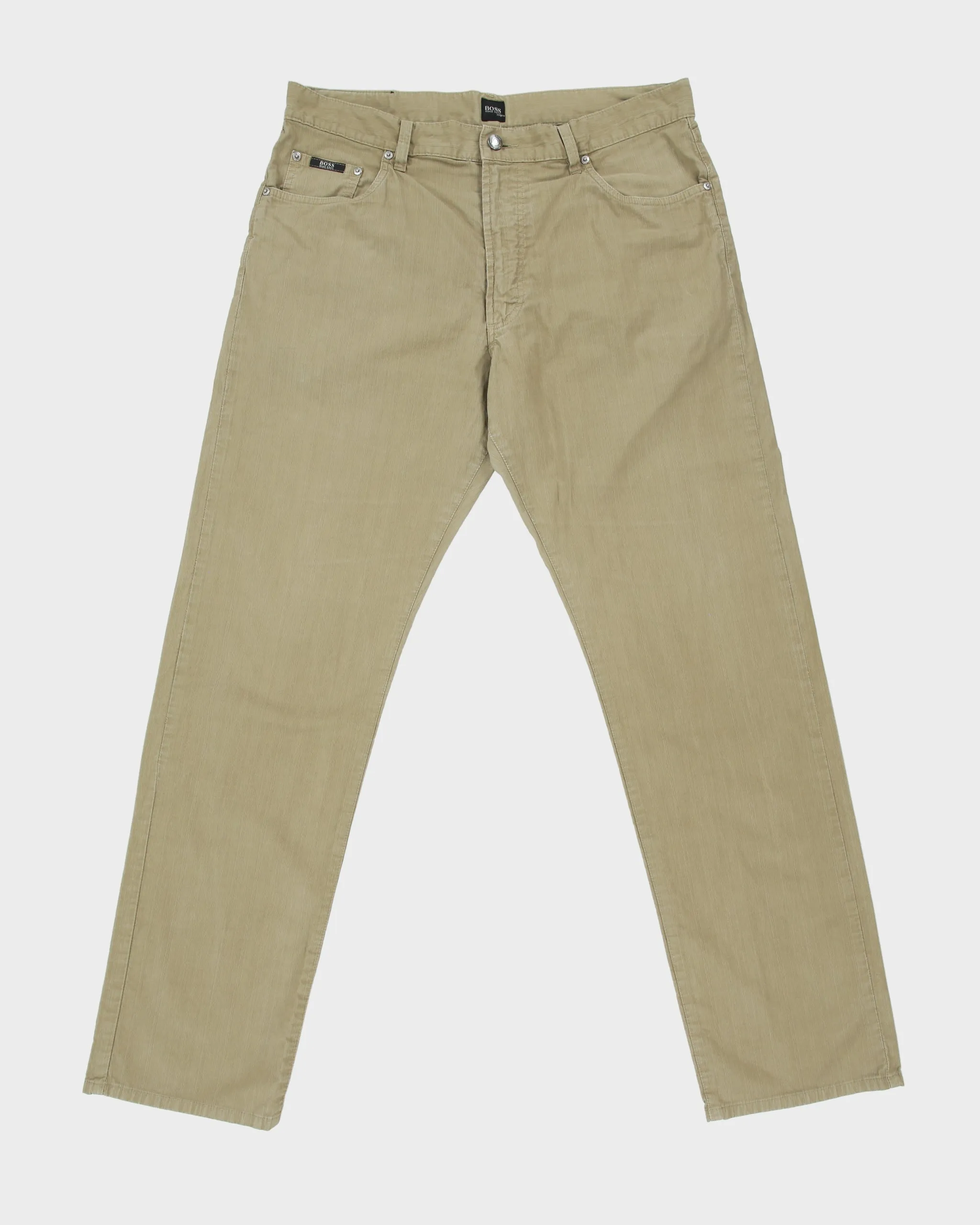 Vintage 2001 Y2K Hugo Boss Khaki 'Montana' Mid-Rise Striped Canvas Straight Leg Trousers - W36 L33 sold by Rokit