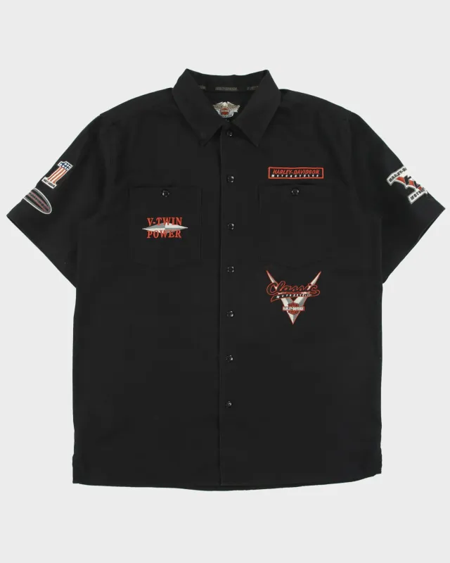 Vintage Y2K 00s Harley Davidson V-Twin Power Embroidered Patch Short Sleeve Chop Shop Shirt - L made by Harley-Davidson
