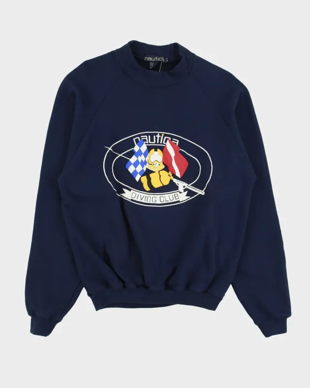 Vintage 1990s Nautica Diving Club Navy Puff Print High-Neck Crewneck Sweatshirt - L made by Nautica