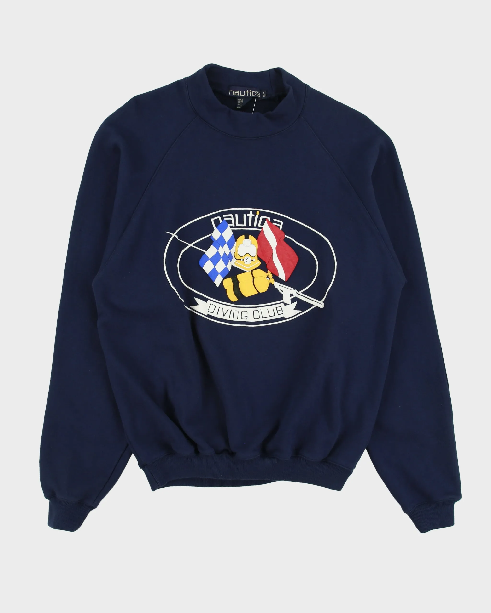 Vintage 1990s Nautica Diving Club Navy Puff Print High-Neck Crewneck Sweatshirt - L sold by Rokit