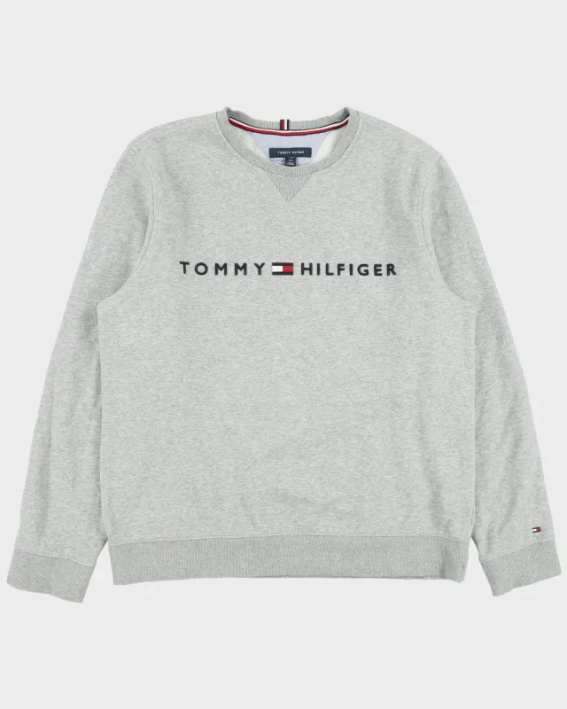 Vintage Tommy Hilfiger Grey Marl Embroidered Spell Out Fleece Lined Crewneck Sweatshirt - L made by Tommy Hilfiger