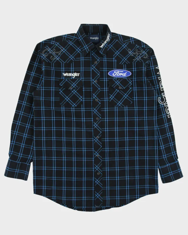 Vintage Y2K 00s Wrangler Plaid Ford Patch Embroidered Pearl Snap Button XL Tail Long Sleeve Western Shirt - L made by Wrangler
