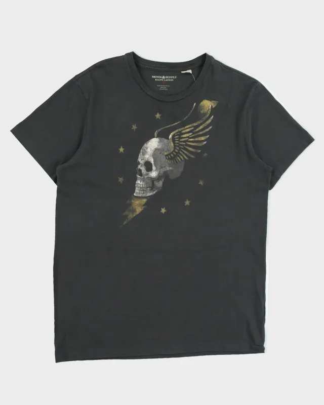 Vintage Ralph Lauren Denim & Supply Khaki Grey Heavyweight Skull Wings Crewneck T-Shirt - L made by Ralph Lauren