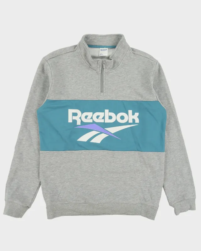 Vintage Reebok Classic Grey Marl Embroidered Spell Out Quarter-Zip Sweatshirt - M made by Reebok