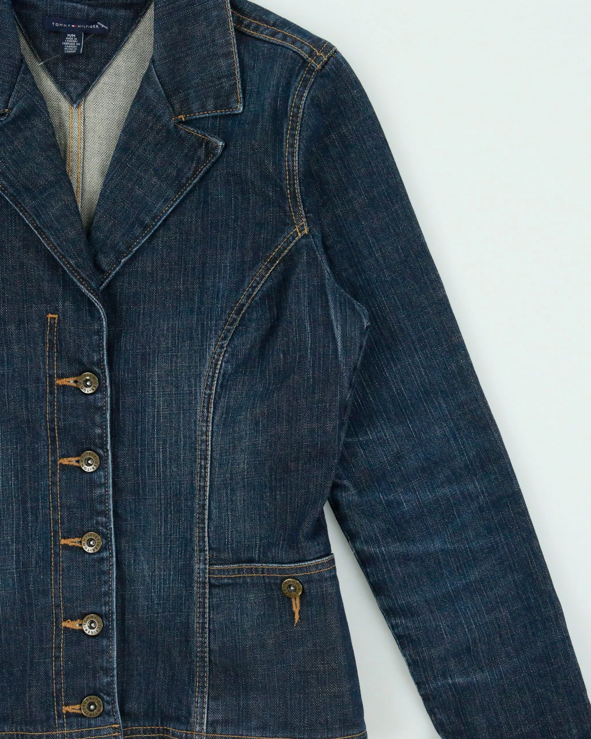 Vintage Y2K 00s Tommy Hilfiger Women's Raw Indigo Denim Made In Canada Blazer Jacket - M sold by Rokit product image thumbnail 3