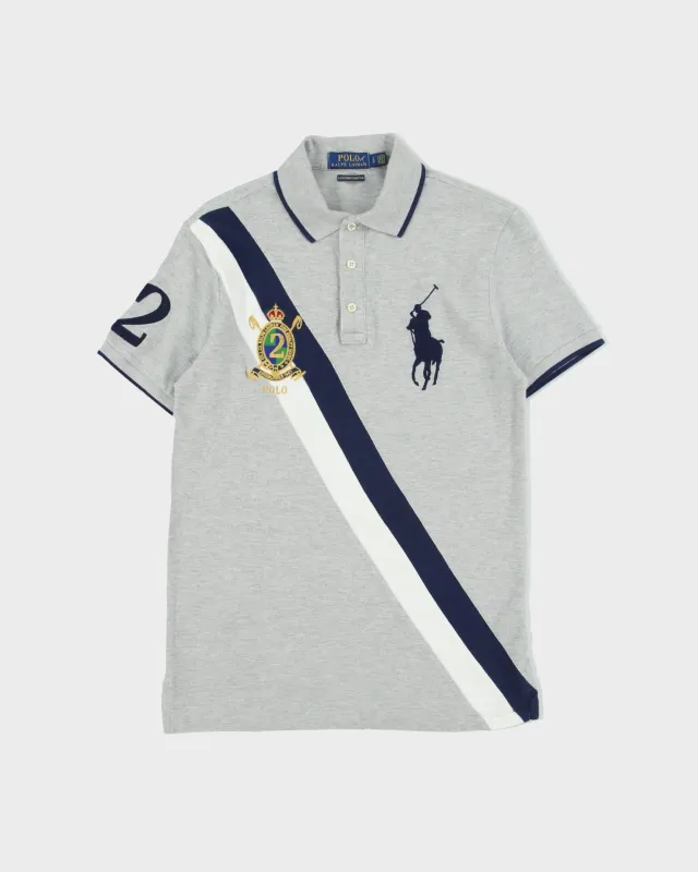 Vintage Polo Ralph Lauren Grey Marl Big Pony Crest Striped Custom Slim Fit Short Sleeve Polo Shirt - S made by Ralph Lauren