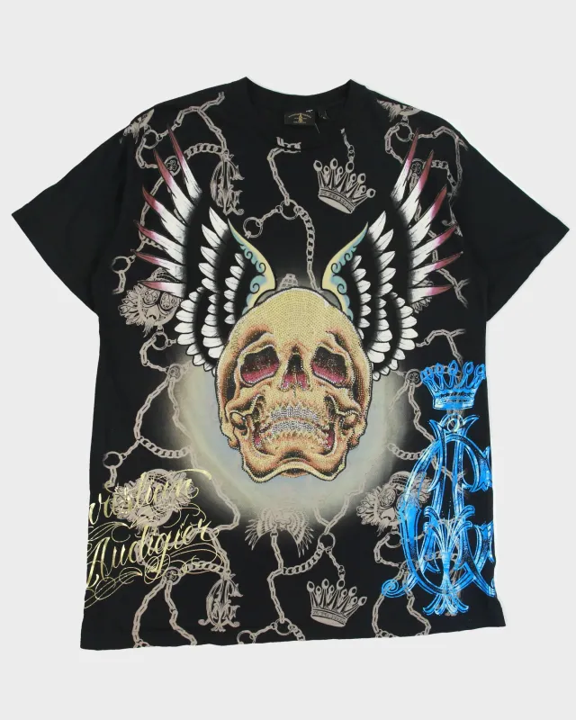 Vintage Christian Audigier Rhinestone Embellished Skull Wings AOP Made In USA Crewneck T-Shirt - XL made by Rokit