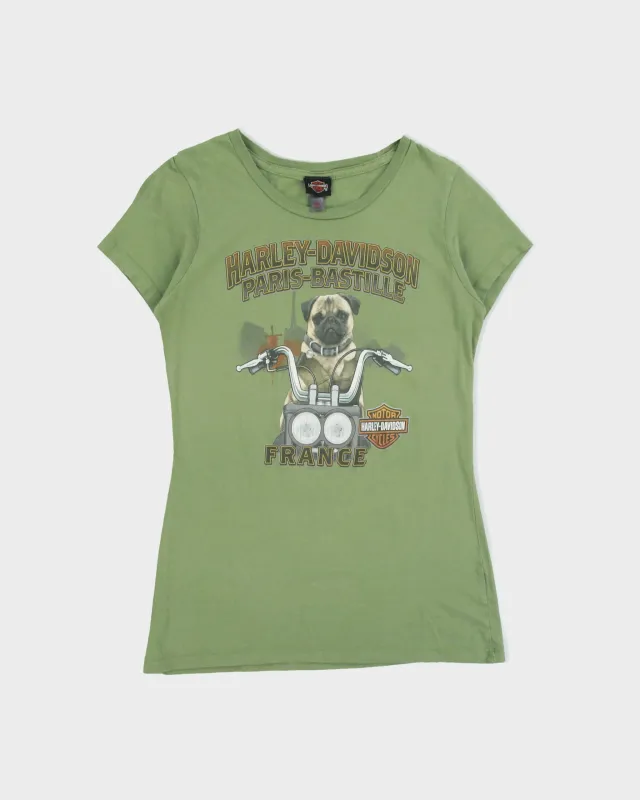 Vintage Harley Davidson Women's Khaki Paris France Pug Rider Crewneck T-Shirt - XS made by Harley-Davidson
