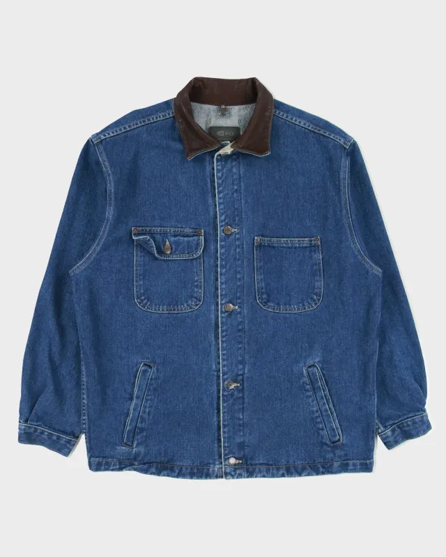 Vintage 1990s ID Wear Dark Wash Denim Leather Collar Chore Jacket - L made by Rokit