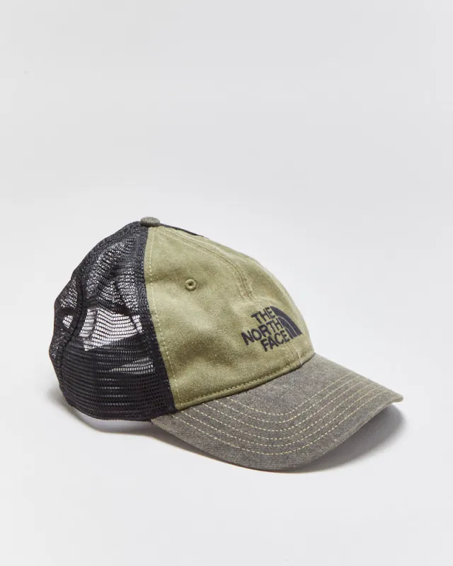 Vintage The North Face Khaki Denim TNF Logo Curve Brim Trucker Hat - OS made by The North Face