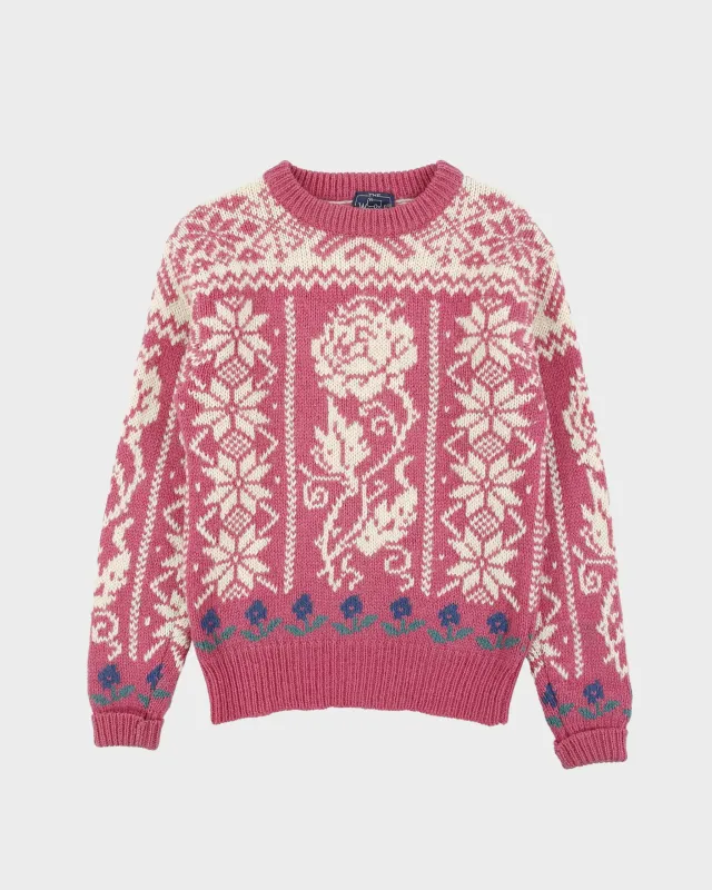 Vintage 1990s Woolrich Women's Hot Pink Fair Isle Wool Mohair Chunky Crewneck Knit Jumper - S made by Woolrich