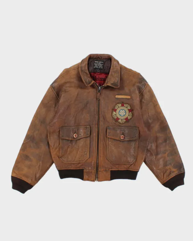 Mens Brown Leather U.S. Navy Embroidered Jacket - M sold by Rokit