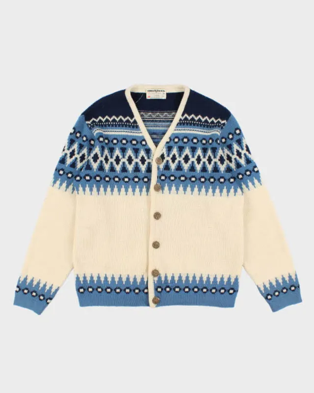 80s Vintage Men's Blue Fair Isle Knit Wool Cardigan - L sold by Rokit