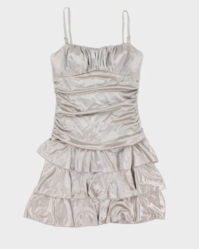 Vintage 90s Le Chateau Silver Rouched Tiered Sparkling Dress - L sold by Rokit
