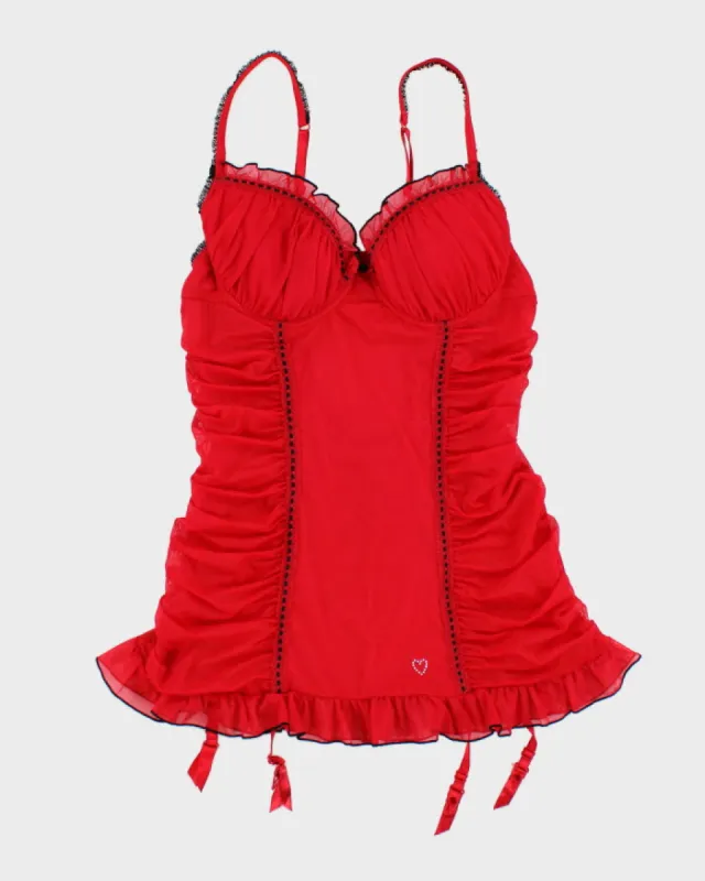 Y2k 00s La Vie En Rose Red Ruched Lingerie Top - L sold by Rokit