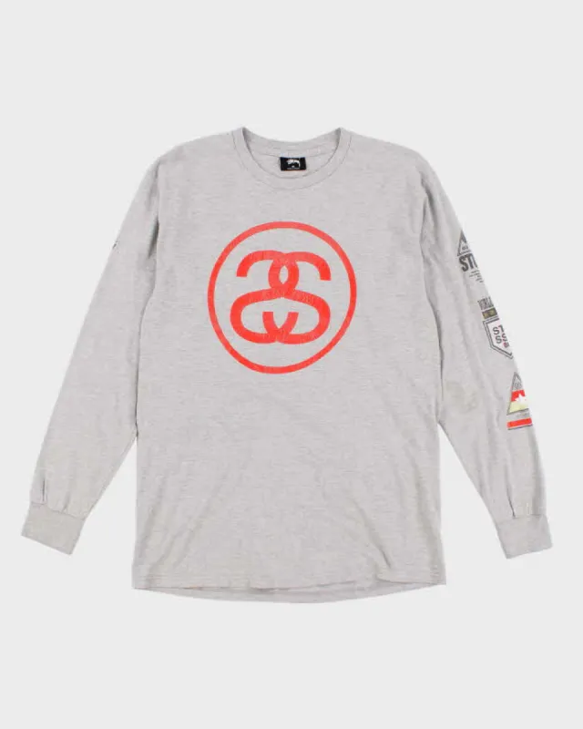 Mens Grey Stussy Distressed Logo Long Sleeve T-Shirt - M sold by Rokit