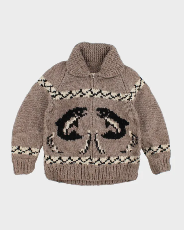Vintage Handmade Chunky Knit Fish Patterned Zip Up - M sold by Rokit