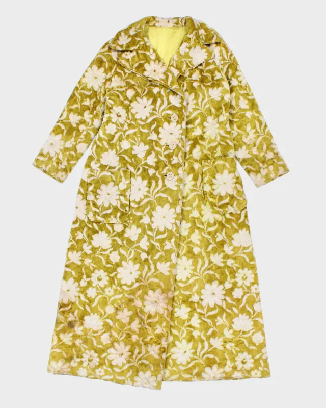 1960s Woman's Vintage mod Floral yellow printed Velvet Carpet Coat - M sold by Rokit