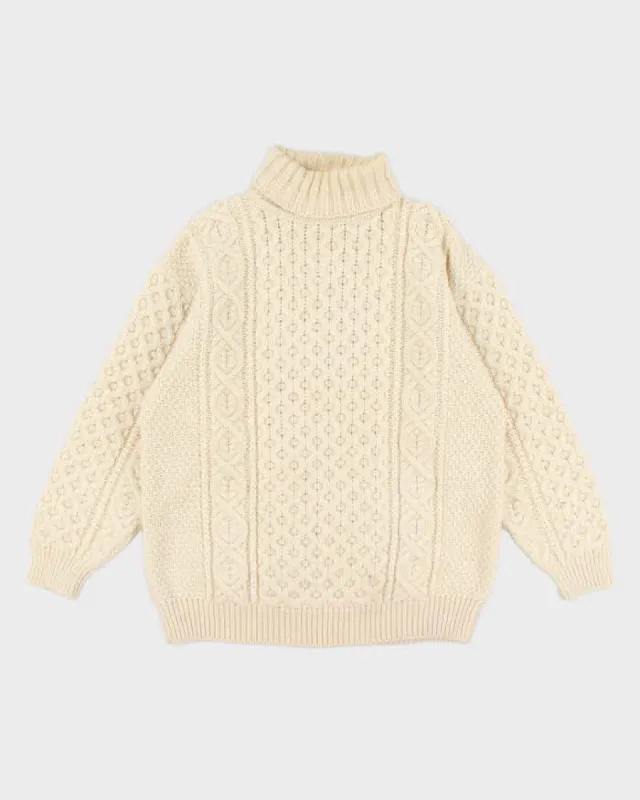 Men's Hand Knit Cable Knit Cream Turtleneck Sweater - M sold by Rokit