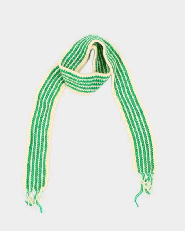 Vintage Hand Knit Green Striped Skinny Scarf sold by Rokit