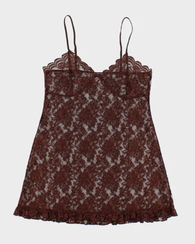 Y2k 00s La Vie En Rose Brown Lace Slip Dress - L sold by Rokit