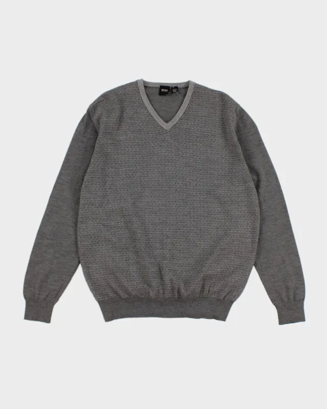 Mens Grey Lightweight Wool Hugo Boss V-Neck Jumper - L made by Rokit