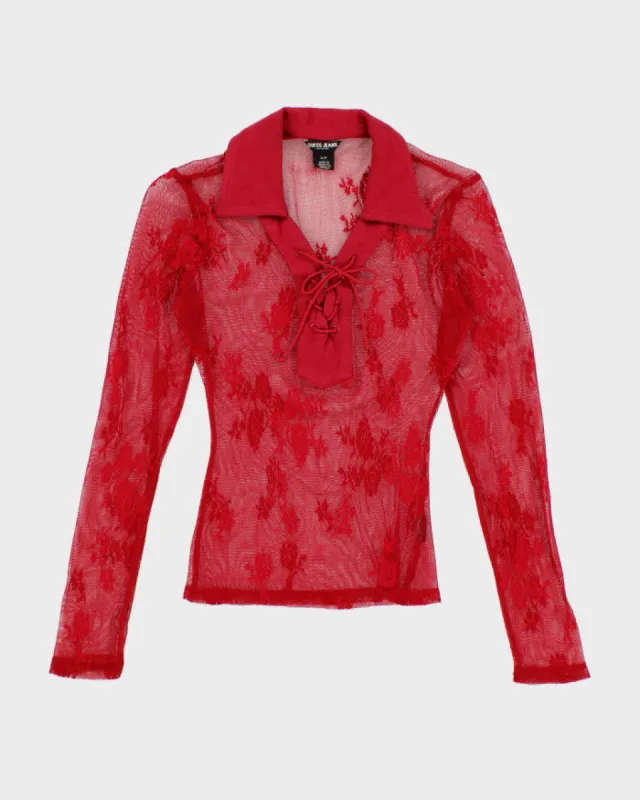 Y2K 00s Guess Jeans Red Lace Blouse - S sold by Rokit