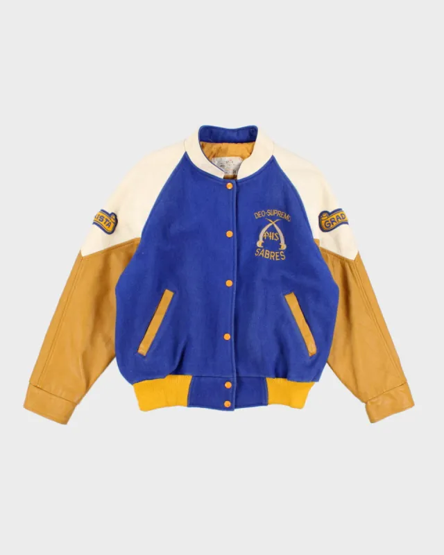 Vintage Blue And Yellow Leather Varsity Jacket - XL made by Rokit