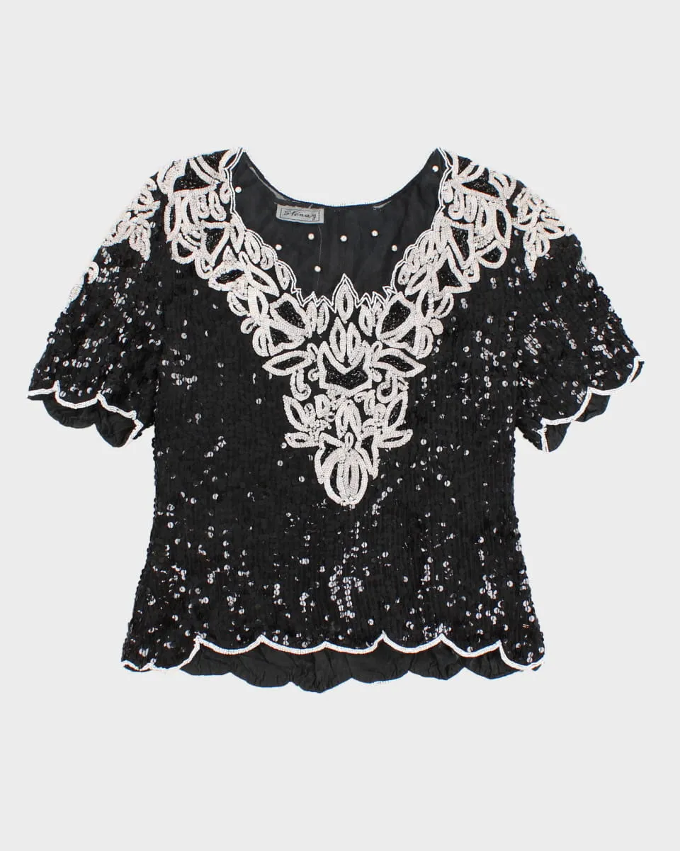 Black And White Sequinned Top - S sold by Rokit