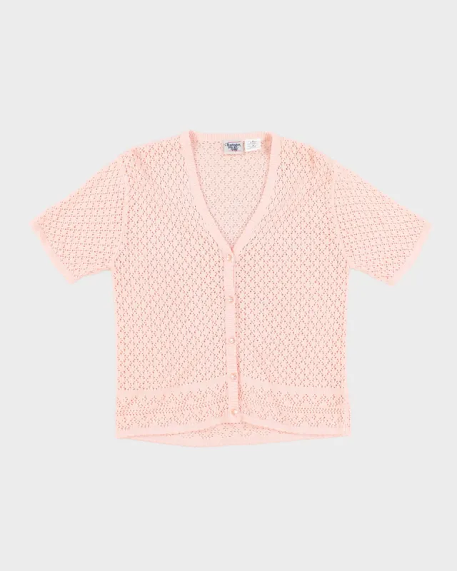 Womens Pink Short Sleeve Button Up Crochet Jumper - M sold by Rokit