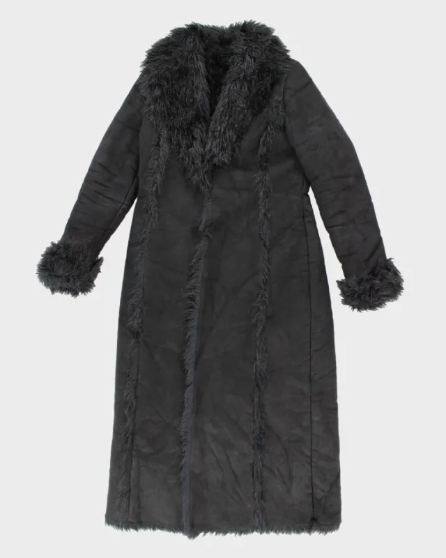 Womens Black Bebe Faux Suede and Fur Long Coat - L sold by Rokit