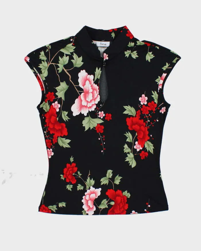 Y2k 00s Floral Print Key Hole Top - M sold by Rokit