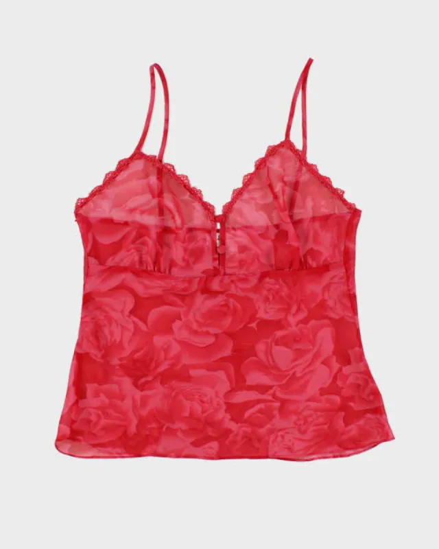 Vintage 90s Pink Rose Print Mesh Cami -S sold by Rokit