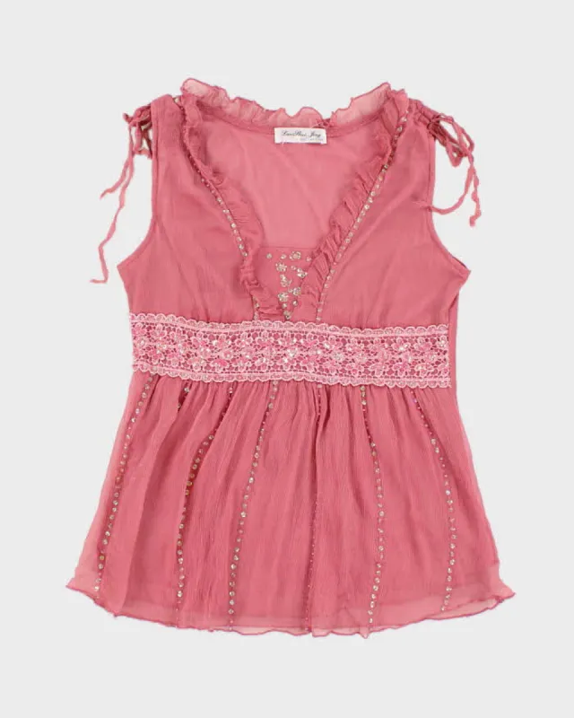 Y2k 00s Pink Mesh Sequin Top - S sold by Rokit