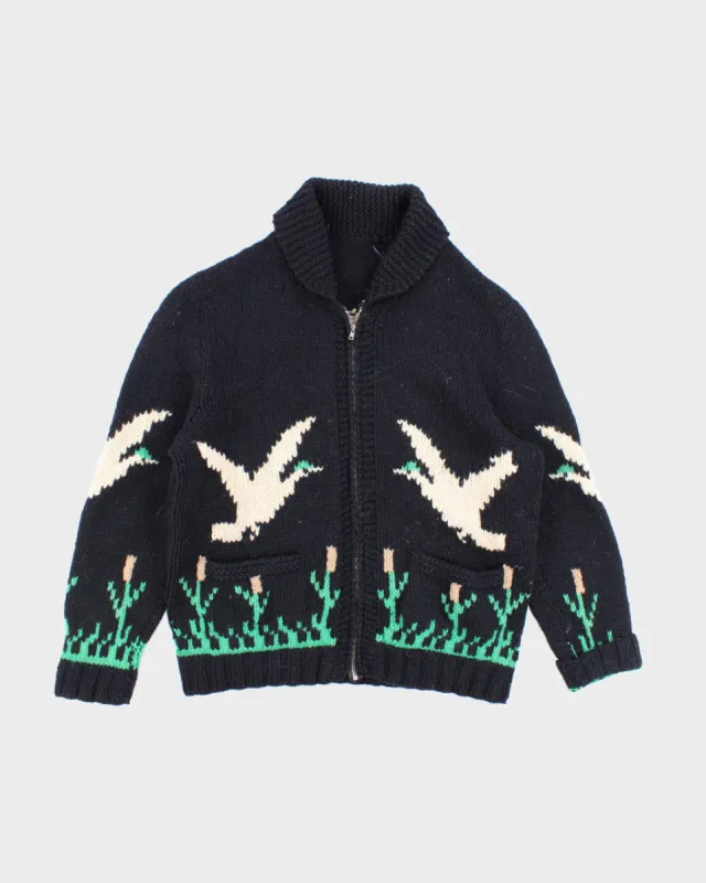 Men's Black Hand Knit Bird Print Zip Up Cardigan - XL sold by Rokit