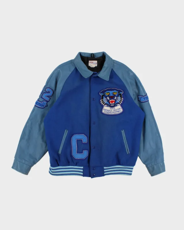Mens Blue Leather and Wool Bomber Jacket with Tiger patch - L sold by Rokit